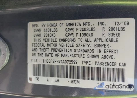 2010 Honda Accord 2.4 Ex-L z USA, uszkodzony, nr VIN 1HGCP2F87AA072599